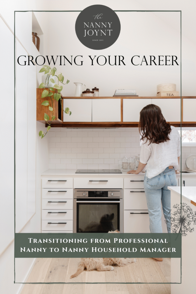 Professional nanny transitioning to household manager role, organizing modern luxury kitchen with elegant design elements and pet-friendly environment